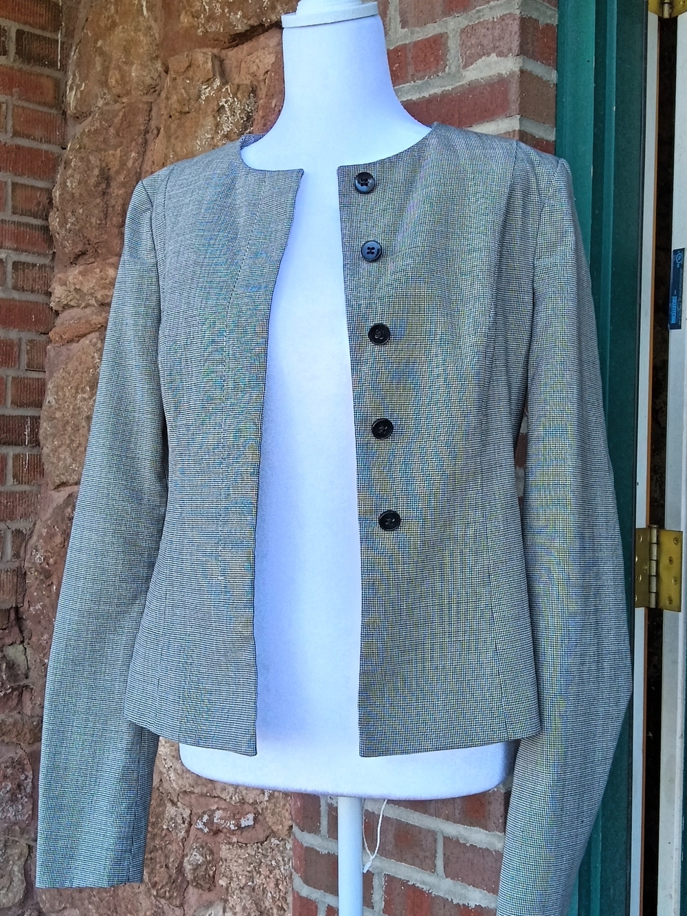 Boss Grey Textured Collarless Blazer with Black Buttons